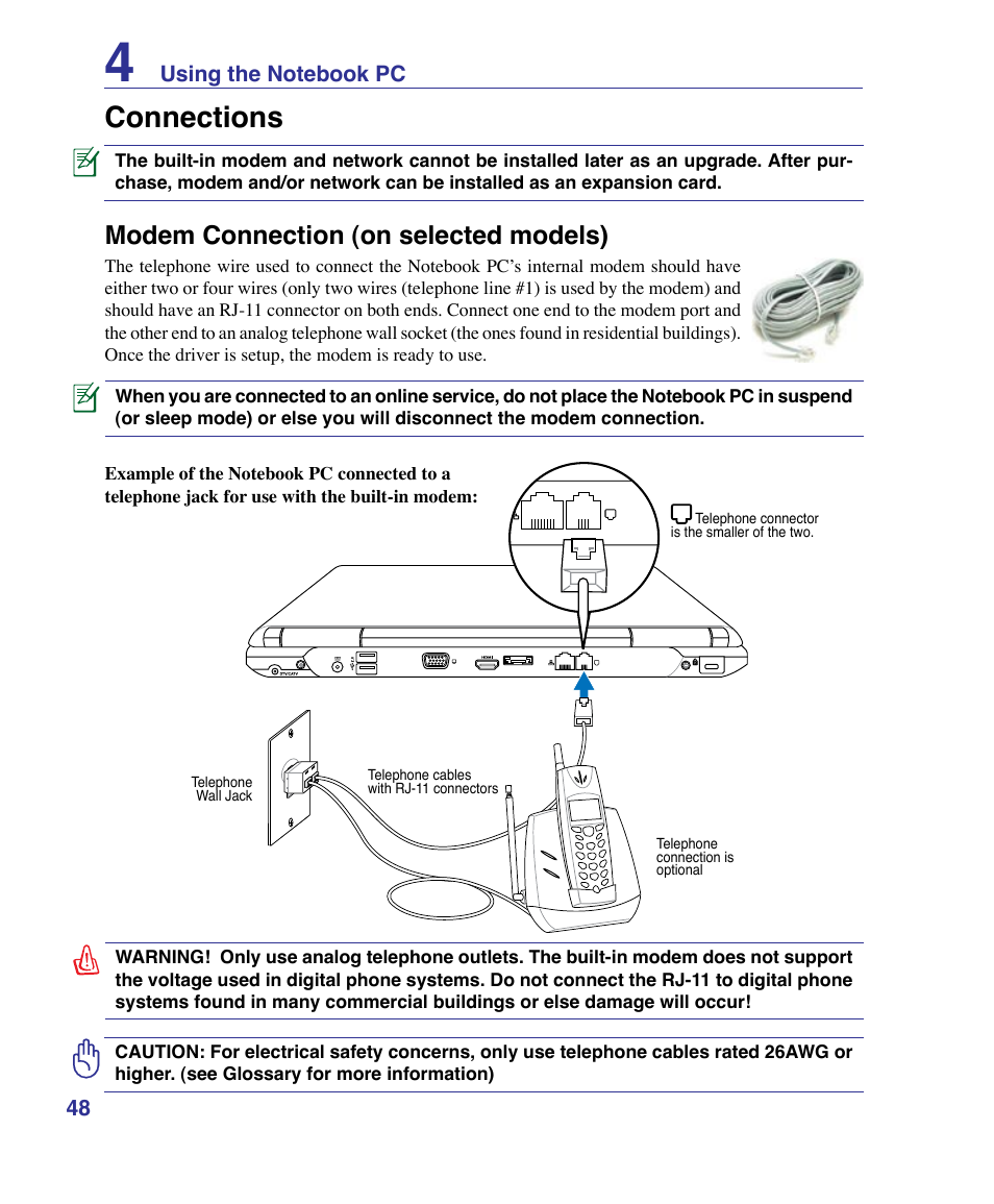 Connections, Modem connection (on selected models) | Asus X83Vm User Manual | Page 48 / 94