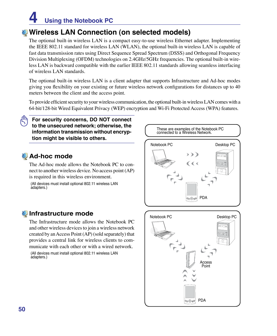 Wireless lan connection (on selected models), Ad-hoc mode, Infrastructure mode | Asus X83Vm User Manual | Page 50 / 94