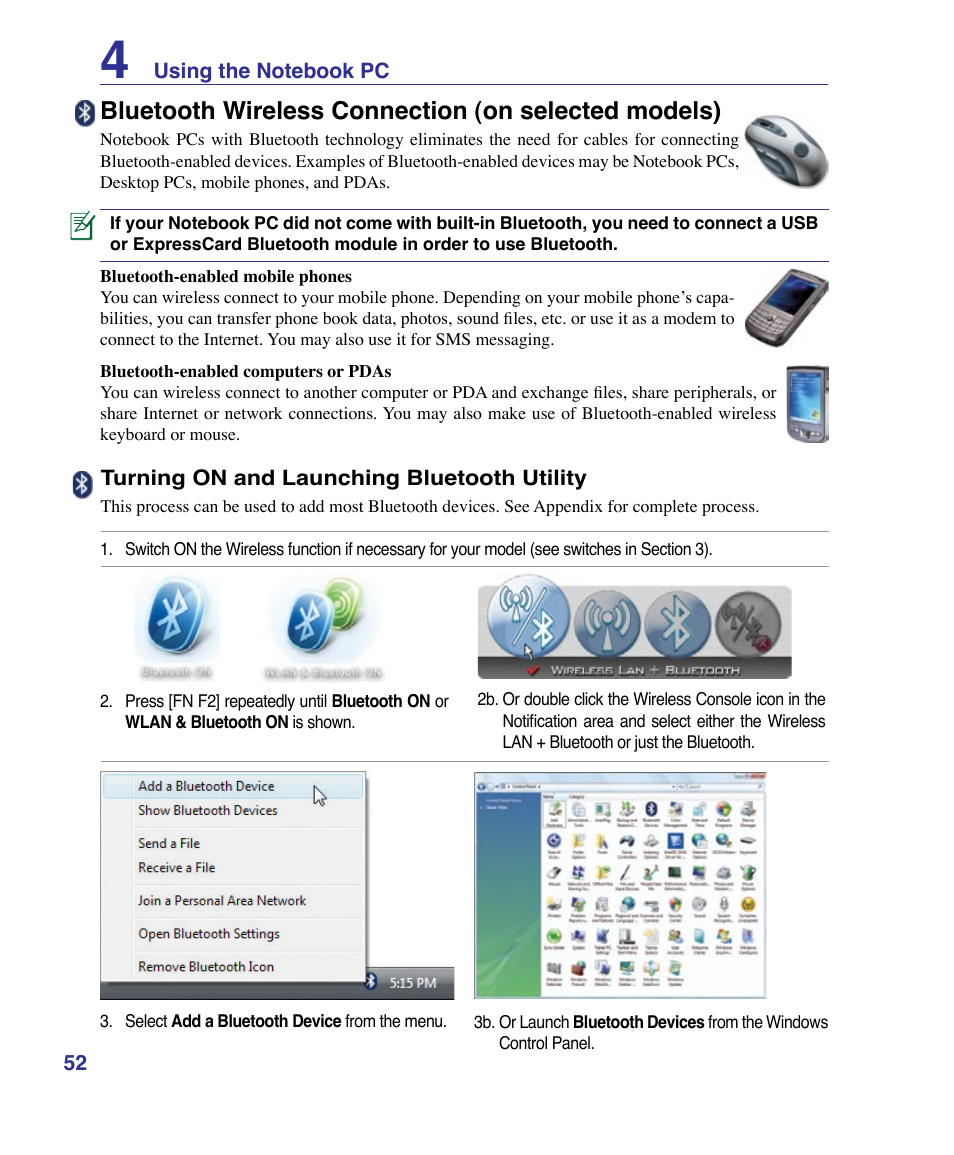 Bluetooth wireless connection (on selected models) | Asus X83Vm User Manual | Page 52 / 94