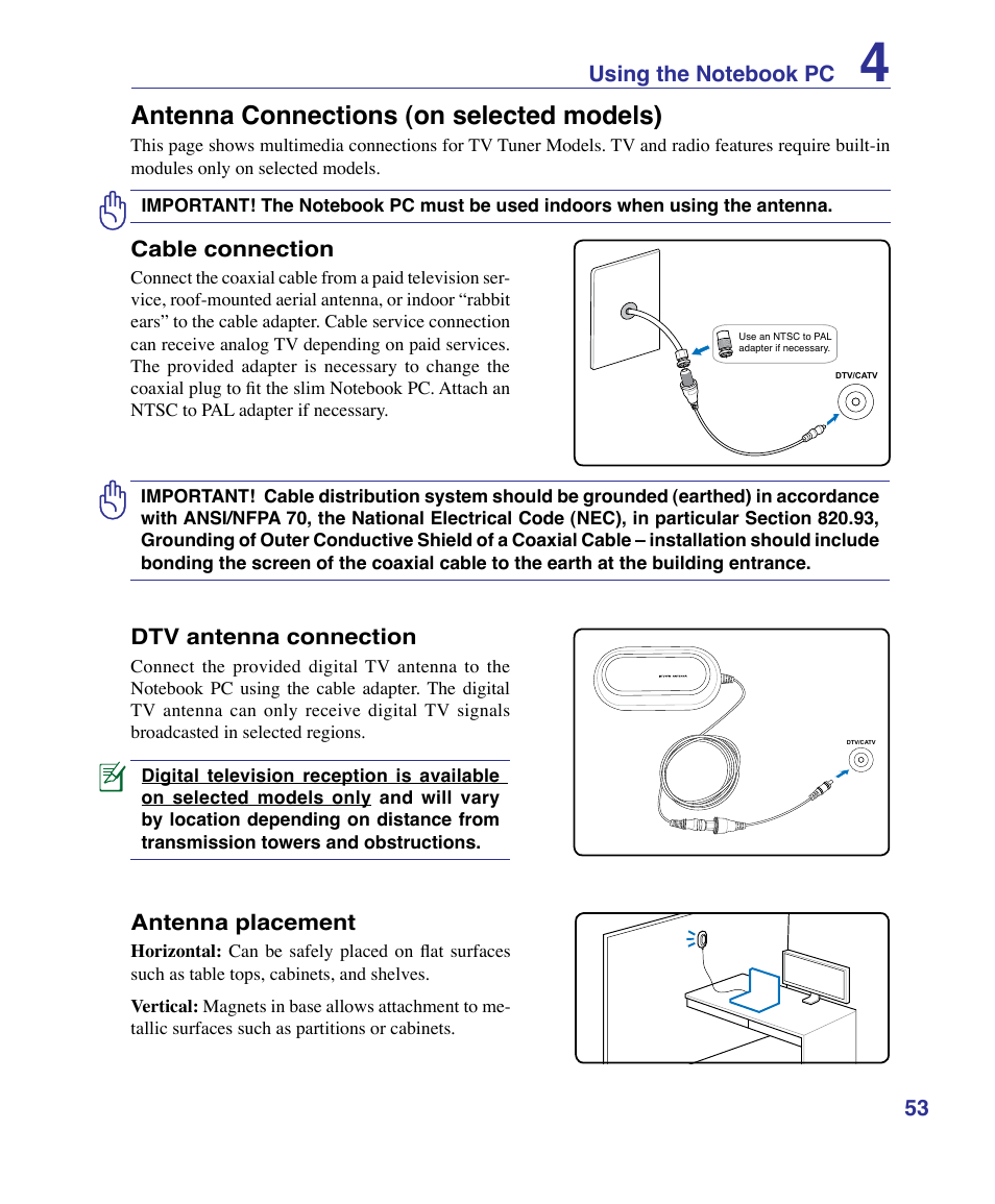 Antenna connections (on selected models) | Asus X83Vm User Manual | Page 53 / 94