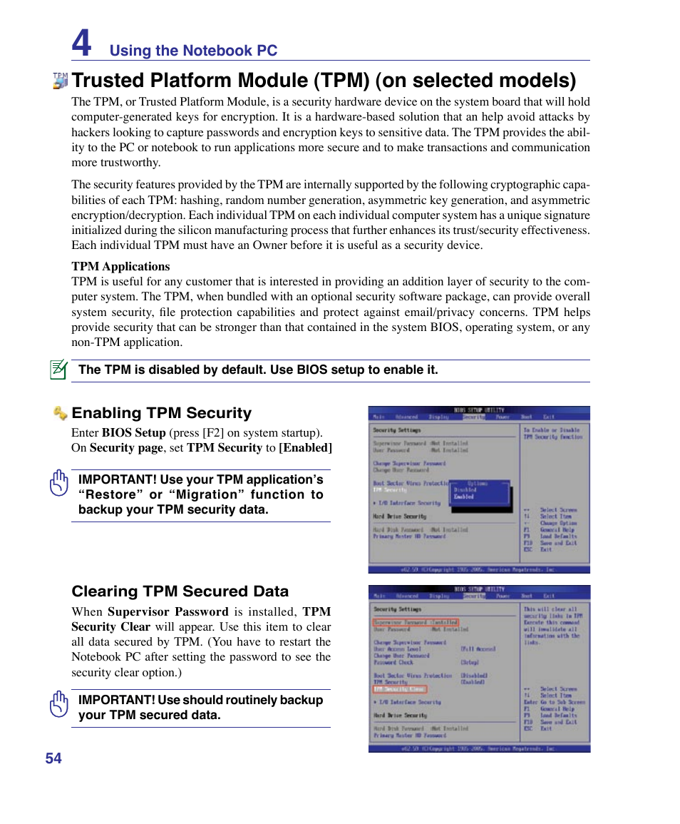 Trusted platform module (tpm) (on selected models) | Asus X83Vm User Manual | Page 54 / 94