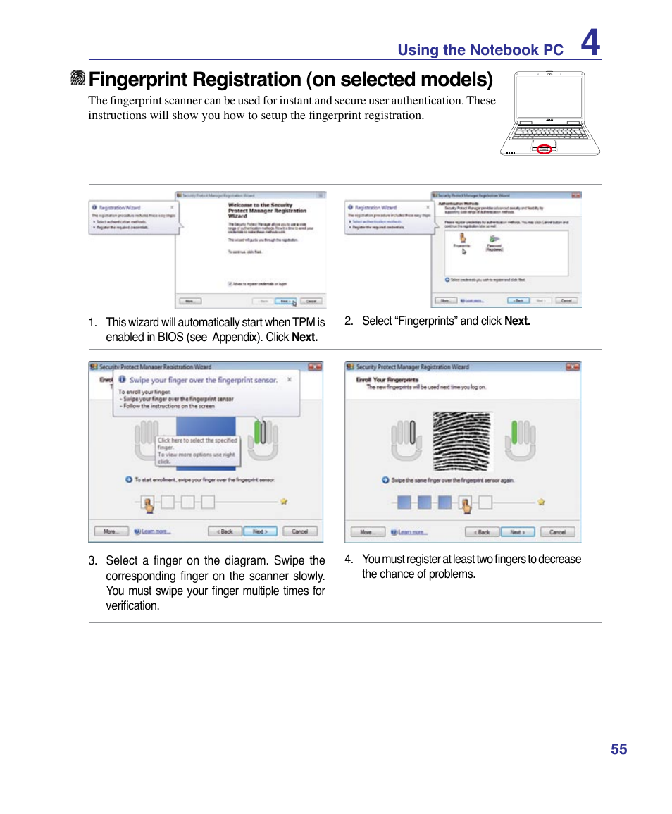 Fingerprint registration (on selected models) | Asus X83Vm User Manual | Page 55 / 94