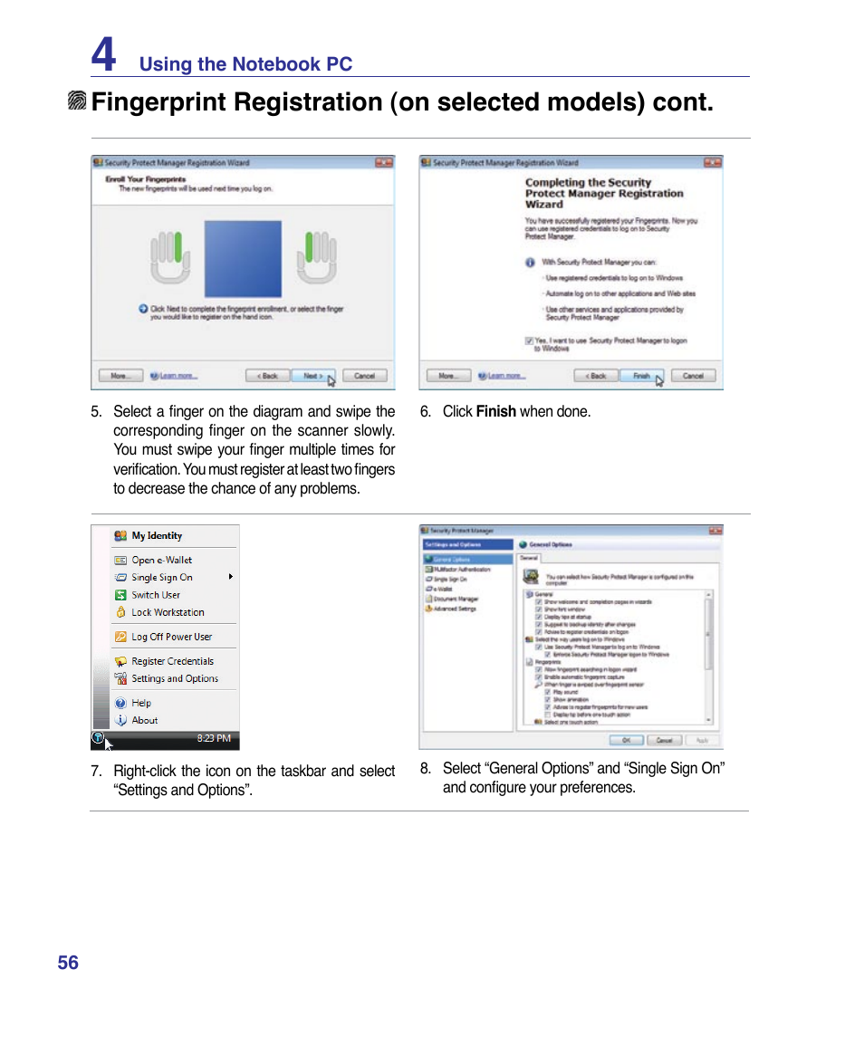 Fingerprint registration (on selected models) cont | Asus X83Vm User Manual | Page 56 / 94