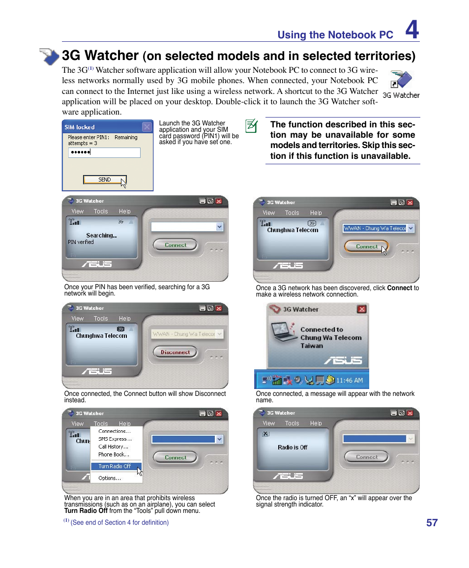 3g watcher, On selected models and in selected territories) | Asus X83Vm User Manual | Page 57 / 94