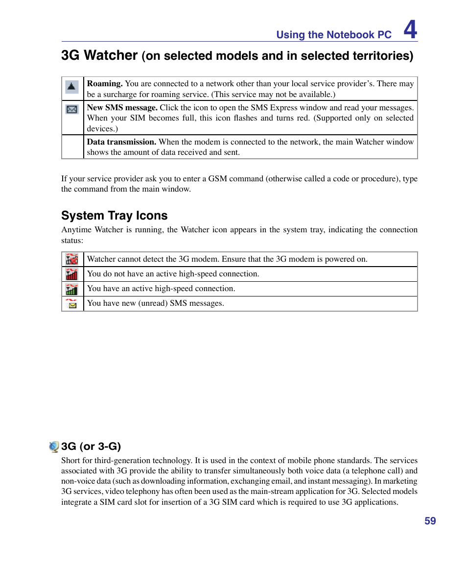 3g watcher, System tray icons, On selected models and in selected territories) | Asus X83Vm User Manual | Page 59 / 94