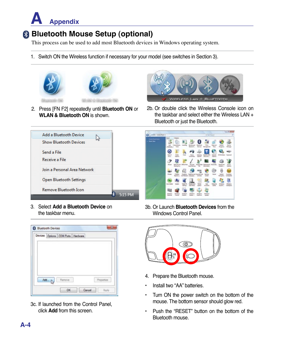 Bluetooth mouse setup (optional), Appendix a-4 | Asus X83Vm User Manual | Page 64 / 94