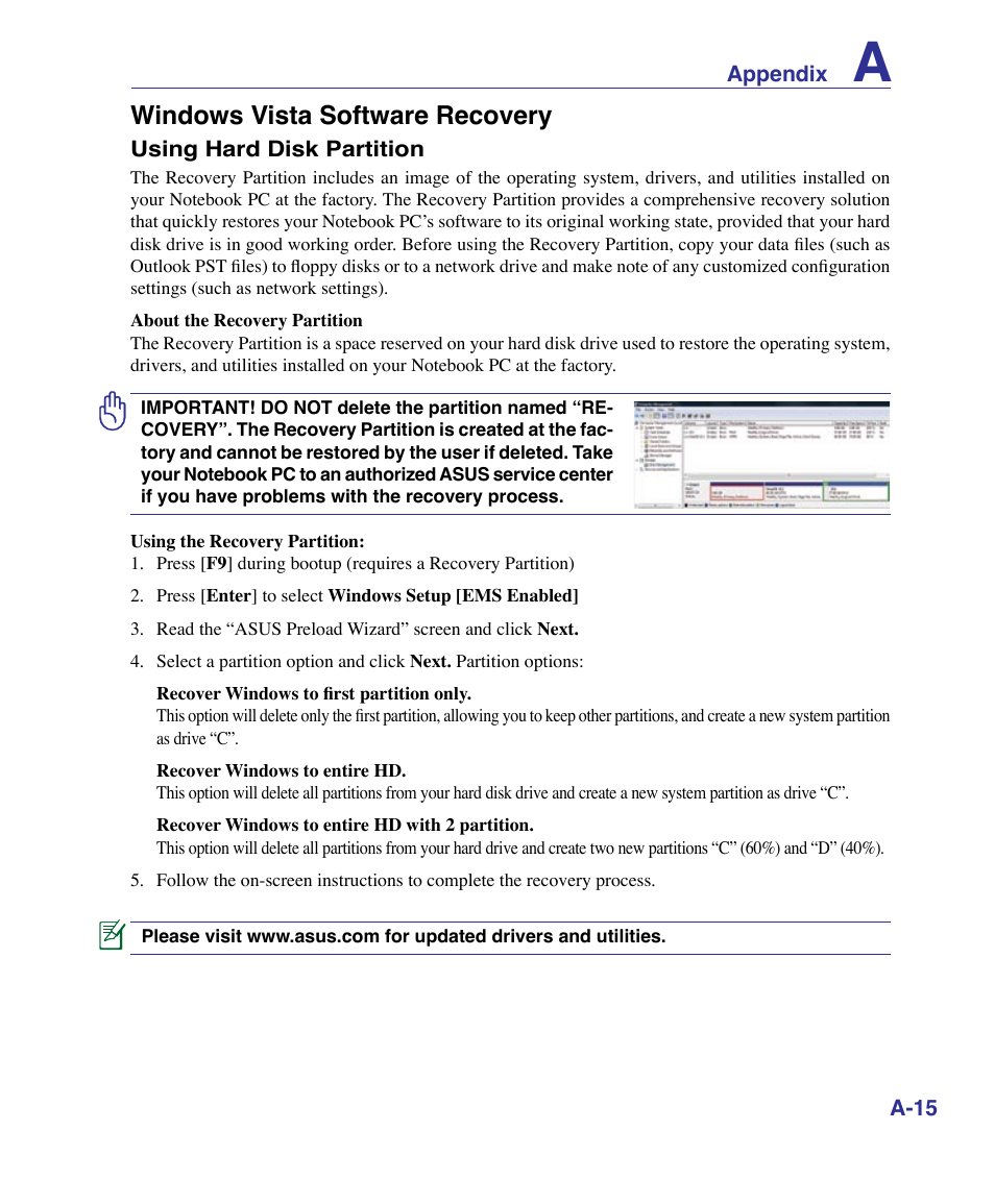 Windows vista software recovery | Asus X83Vm User Manual | Page 75 / 94