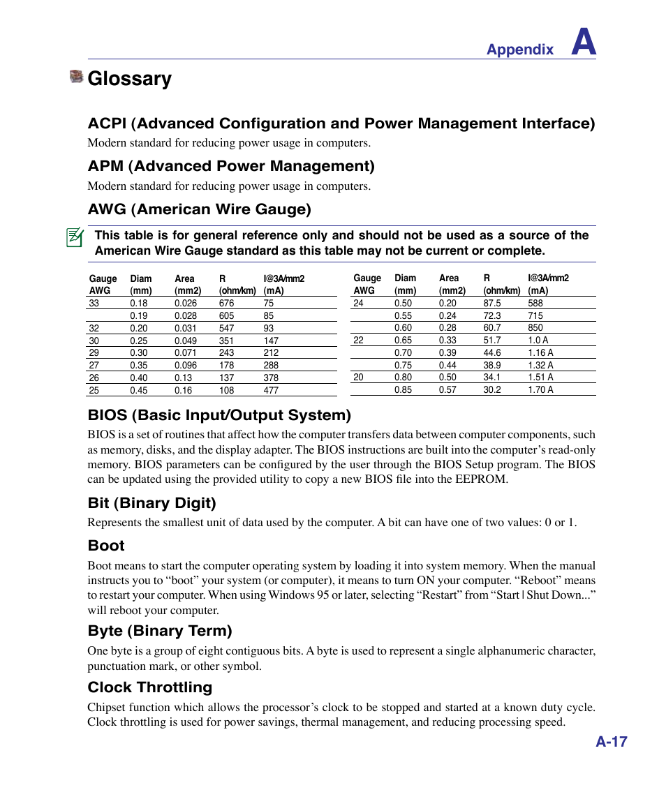 Glossary, Appendix, Apm (advanced power management) | Awg (american wire gauge), Bios (basic input/output system), Bit (binary digit), Boot, Byte (binary term), Clock throttling | Asus X83Vm User Manual | Page 77 / 94