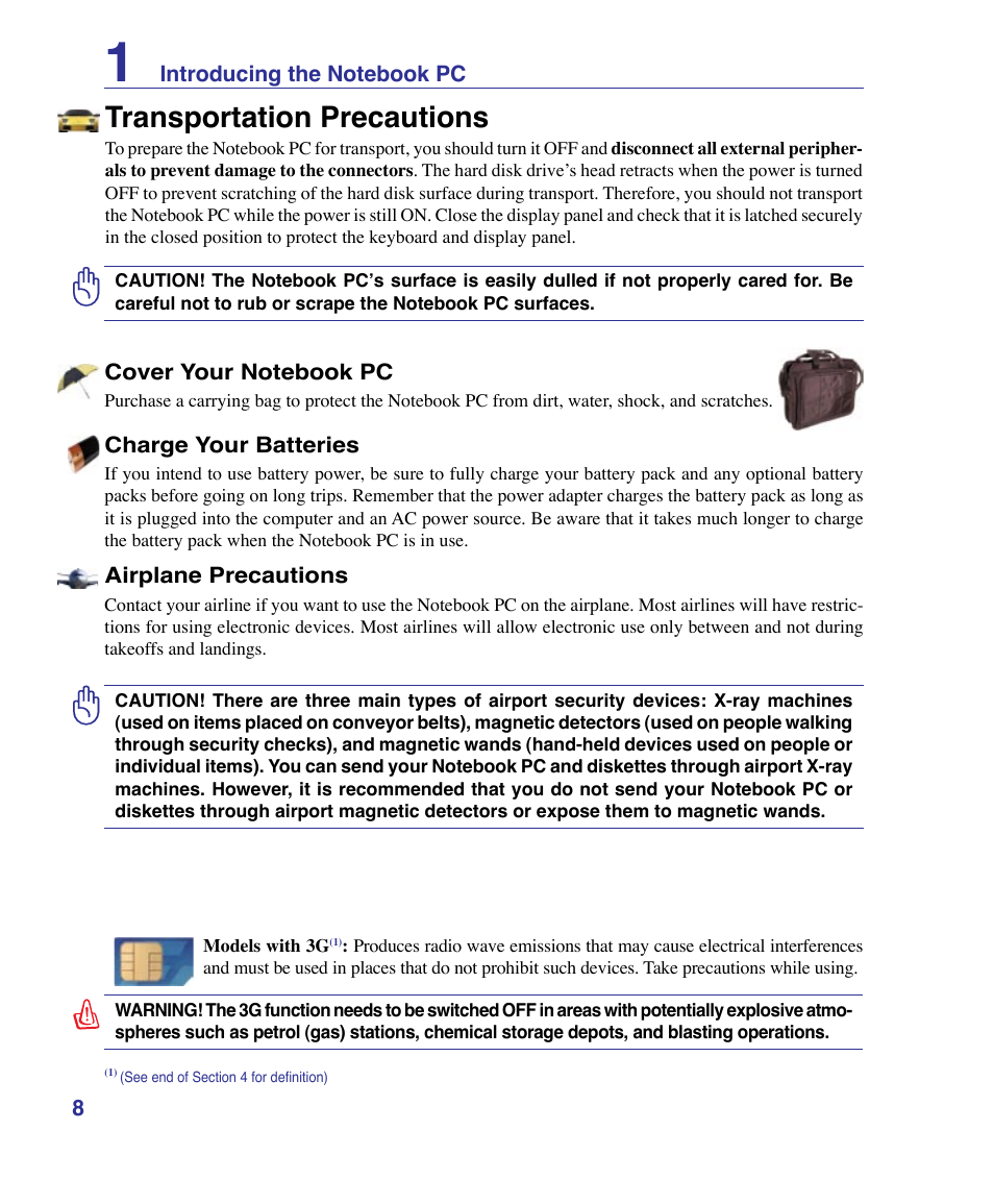 Transportation precautions | Asus X83Vm User Manual | Page 8 / 94
