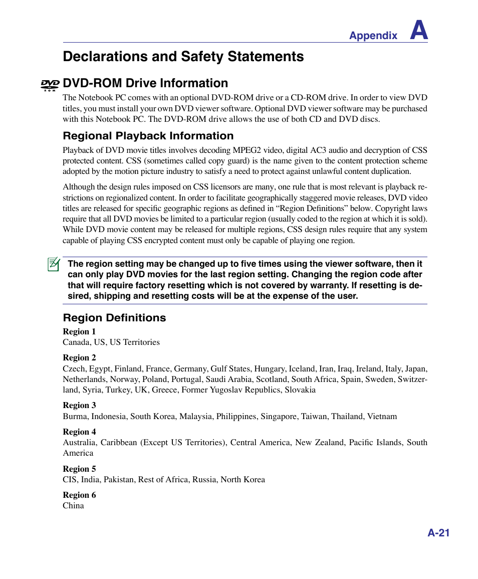 Declarations and safety statements, Dvd-rom drive information | Asus X83Vm User Manual | Page 81 / 94
