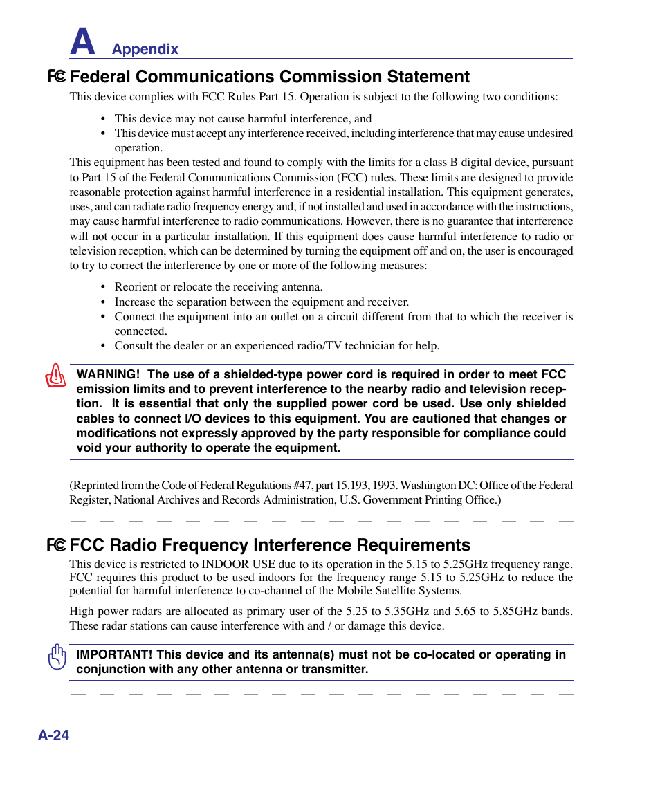 Federal communications commission statement, Fcc radio frequency interference requirements | Asus X83Vm User Manual | Page 84 / 94