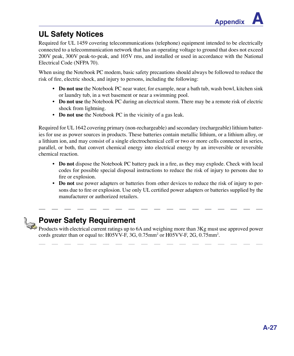 Ul safety notices, Power safety requirement | Asus X83Vm User Manual | Page 87 / 94