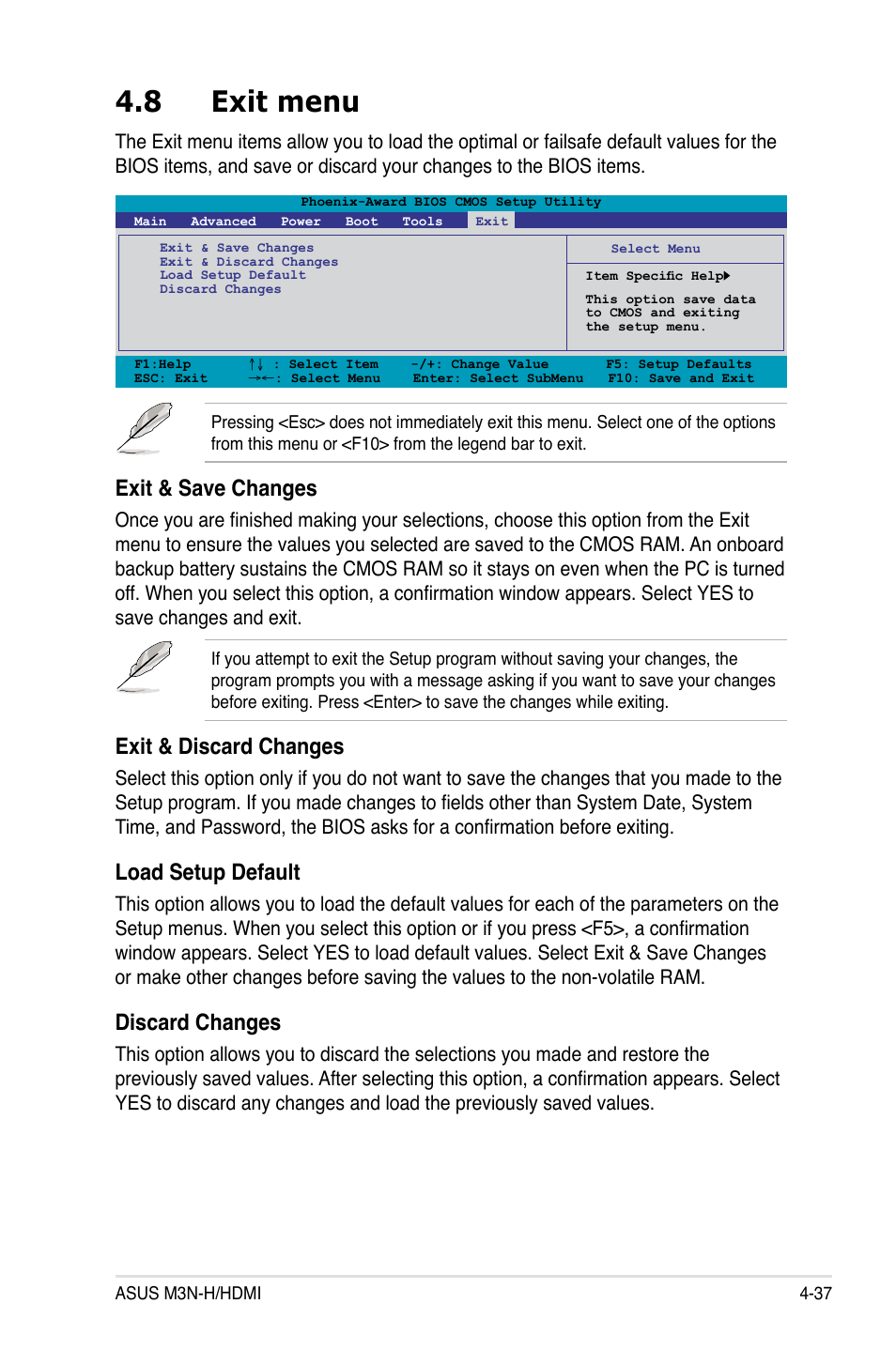 8 exit menu, Exit menu -37, Exit & save changes | Exit & discard changes, Load setup default, Discard changes | Asus M3N-H HDMI User Manual | Page 103 / 152