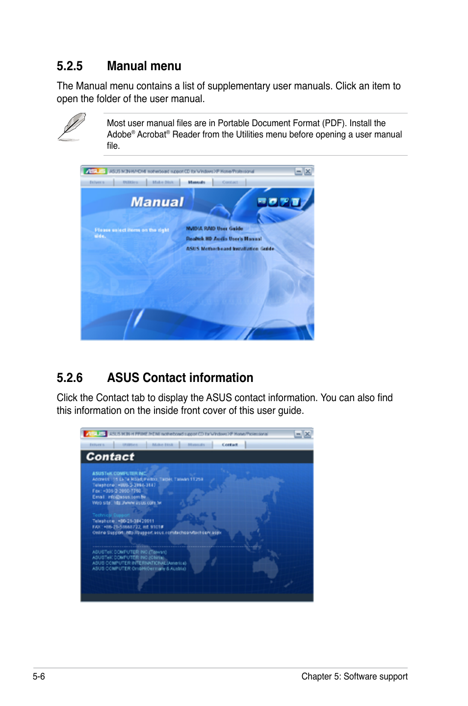 5 manual menu, 6 asus contact information, Manual menu -6 | Asus contact information -6 | Asus M3N-H HDMI User Manual | Page 112 / 152