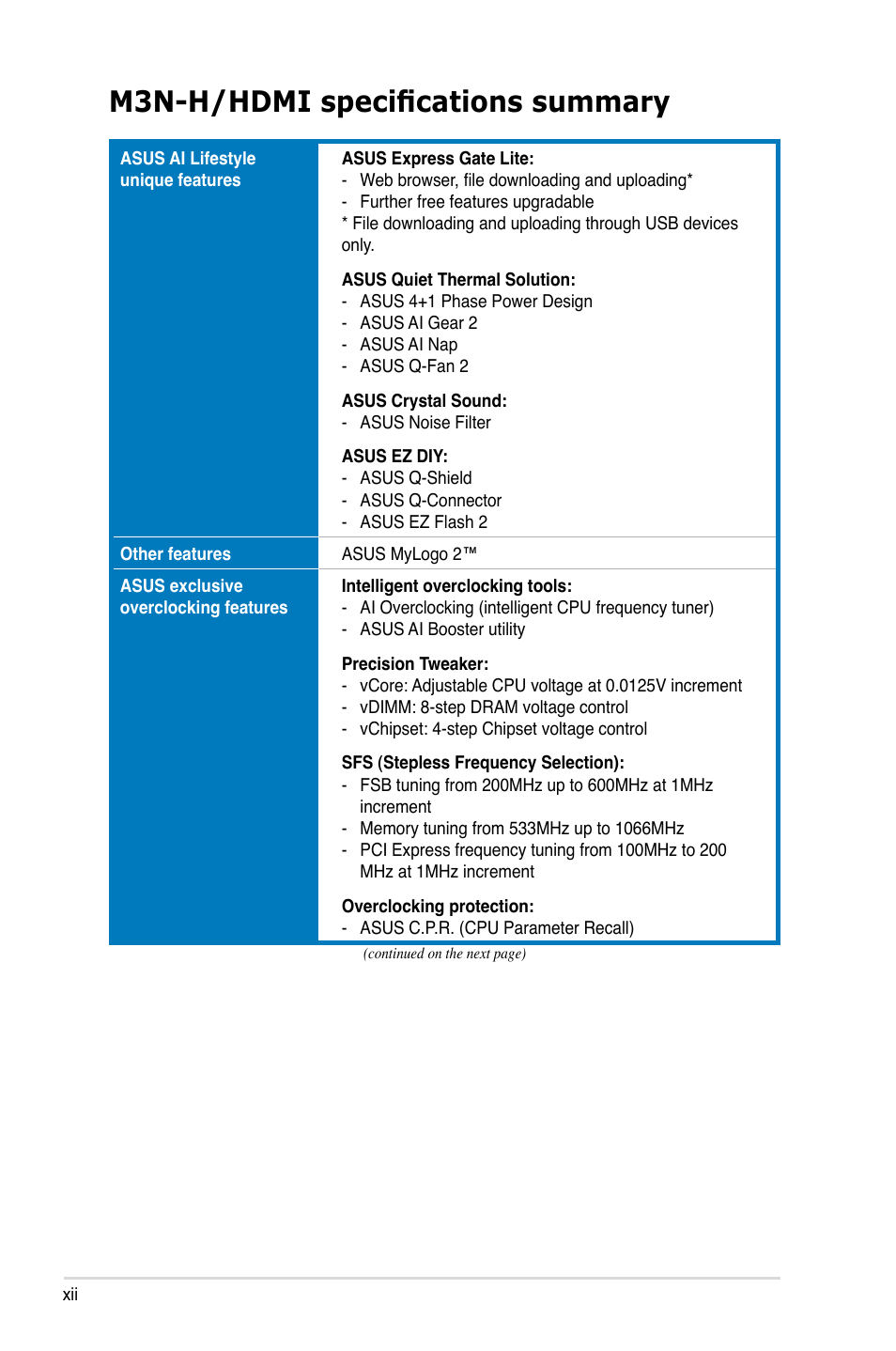 M3n-h/hdmi specifications summary | Asus M3N-H HDMI User Manual | Page 12 / 152