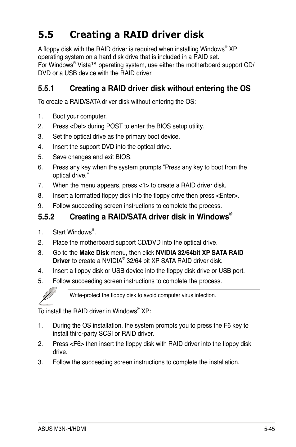 5 creating a raid driver disk, 2 creating a raid/sata driver disk in windows, Creating a raid driver disk -45 5.5.1 | Creating a raid/sata driver disk in windows | Asus M3N-H HDMI User Manual | Page 151 / 152