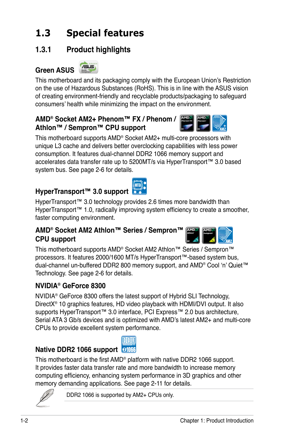 3 special features, 1 product highlights, Special features -2 1.3.1 | Product highlights -2 | Asus M3N-H HDMI User Manual | Page 18 / 152