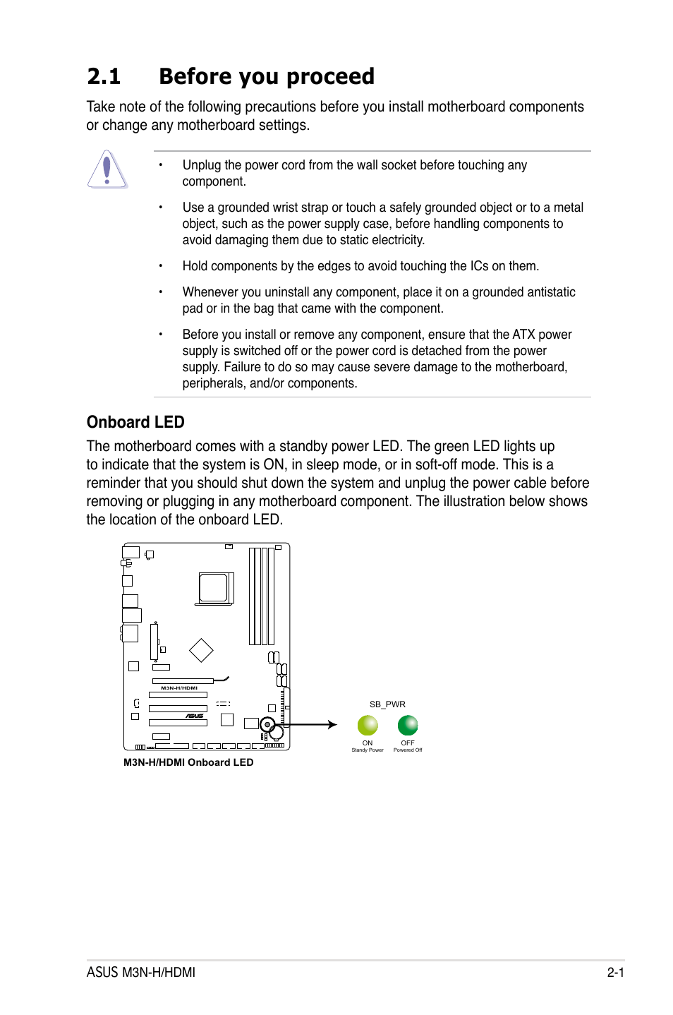 1 before you proceed, Before you proceed -1, Onboard led | Asus M3N-H HDMI User Manual | Page 25 / 152