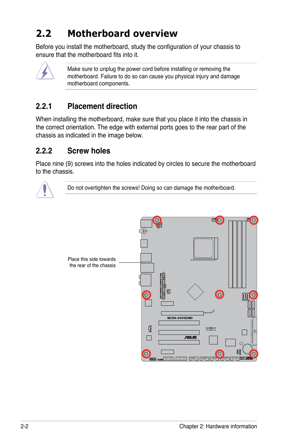 2 motherboard overview, 1 placement direction, 2 screw holes | Motherboard overview -2 2.2.1, Placement direction -2, Screw holes -2 | Asus M3N-H HDMI User Manual | Page 26 / 152