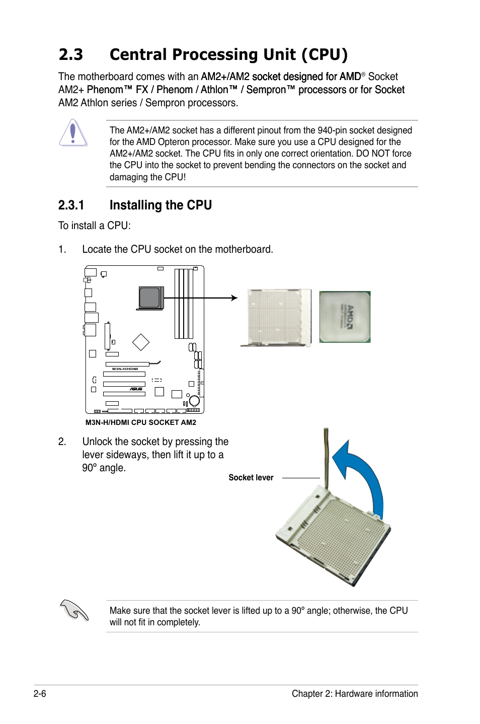 3 central processing unit (cpu), 1 installing the cpu, Central processing unit (cpu) -6 2.3.1 | Installing the cpu -6 | Asus M3N-H HDMI User Manual | Page 30 / 152