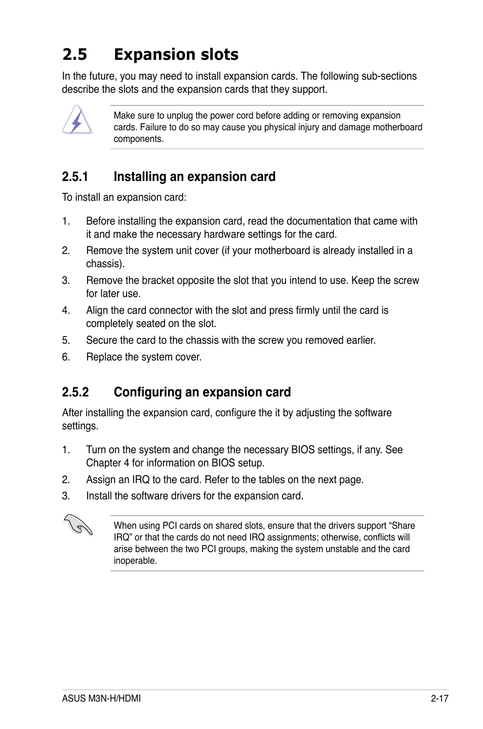 5 expansion slots, 1 installing an expansion card, 2 configuring an expansion card | Expansion slots -17 2.5.1, Installing an expansion card -17, Configuring an expansion card -17 | Asus M3N-H HDMI User Manual | Page 41 / 152