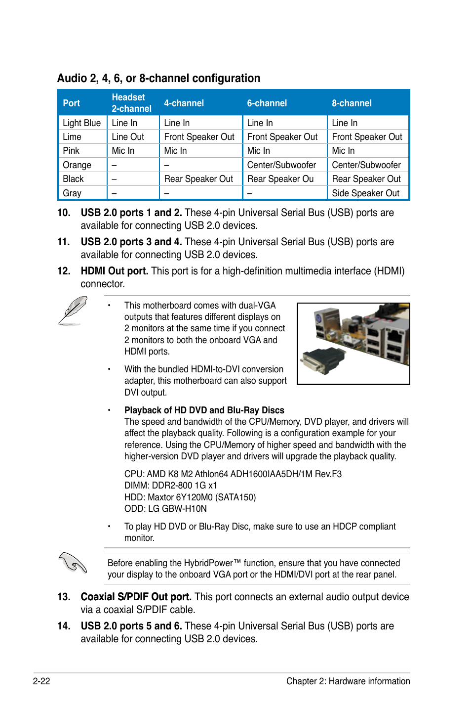 Audio 2, 4, 6, or 8-channel configuration | Asus M3N-H HDMI User Manual | Page 46 / 152