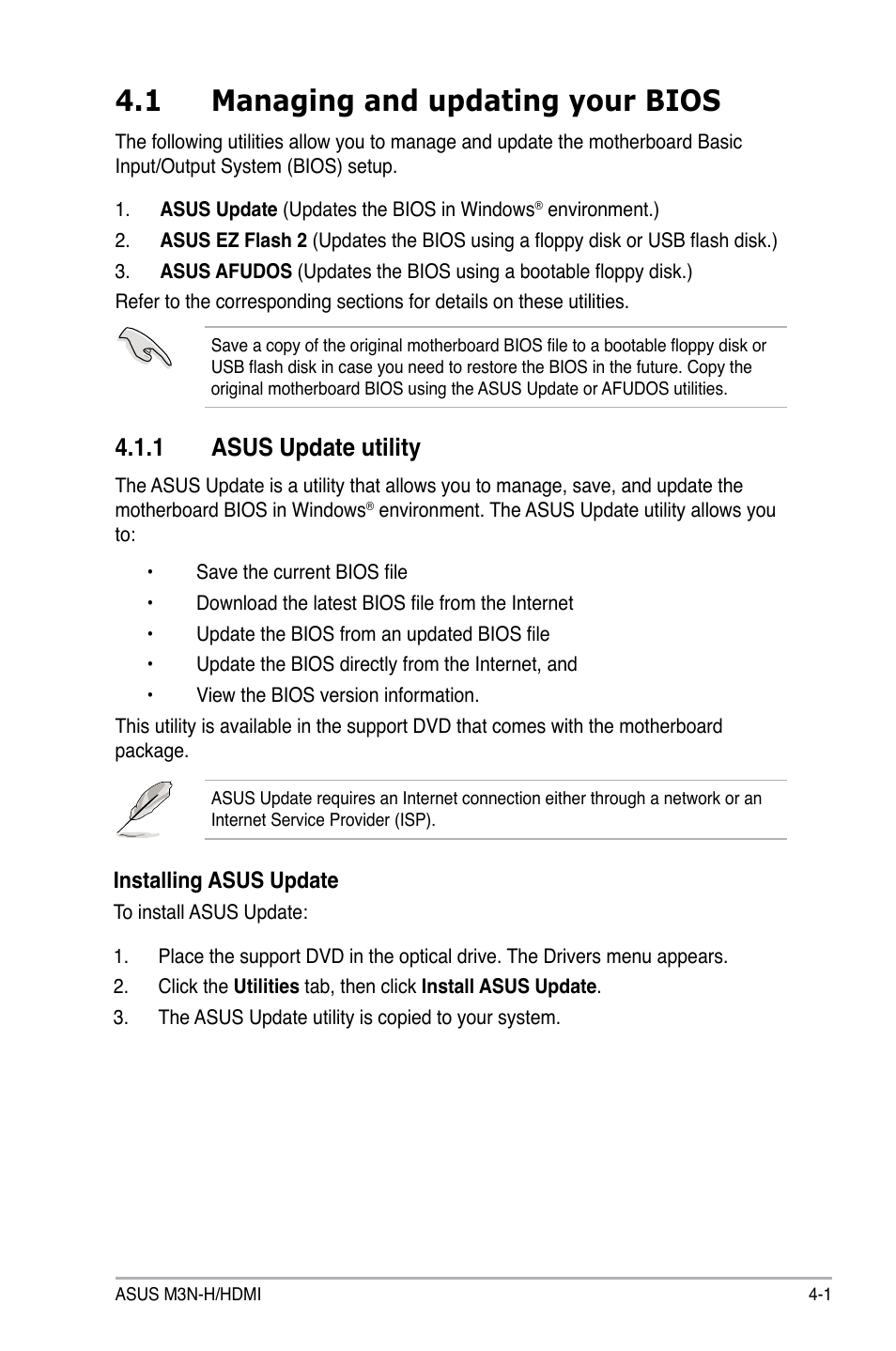 1 managing and updating your bios, 1 asus update utility, Managing and updating your bios -1 4.1.1 | Asus update utility -1 | Asus M3N-H HDMI User Manual | Page 67 / 152