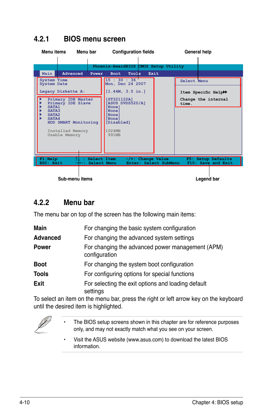 1 bios menu screen, 2 menu bar, Bios menu screen -10 | Menu bar -10 | Asus M3N-H HDMI User Manual | Page 76 / 152