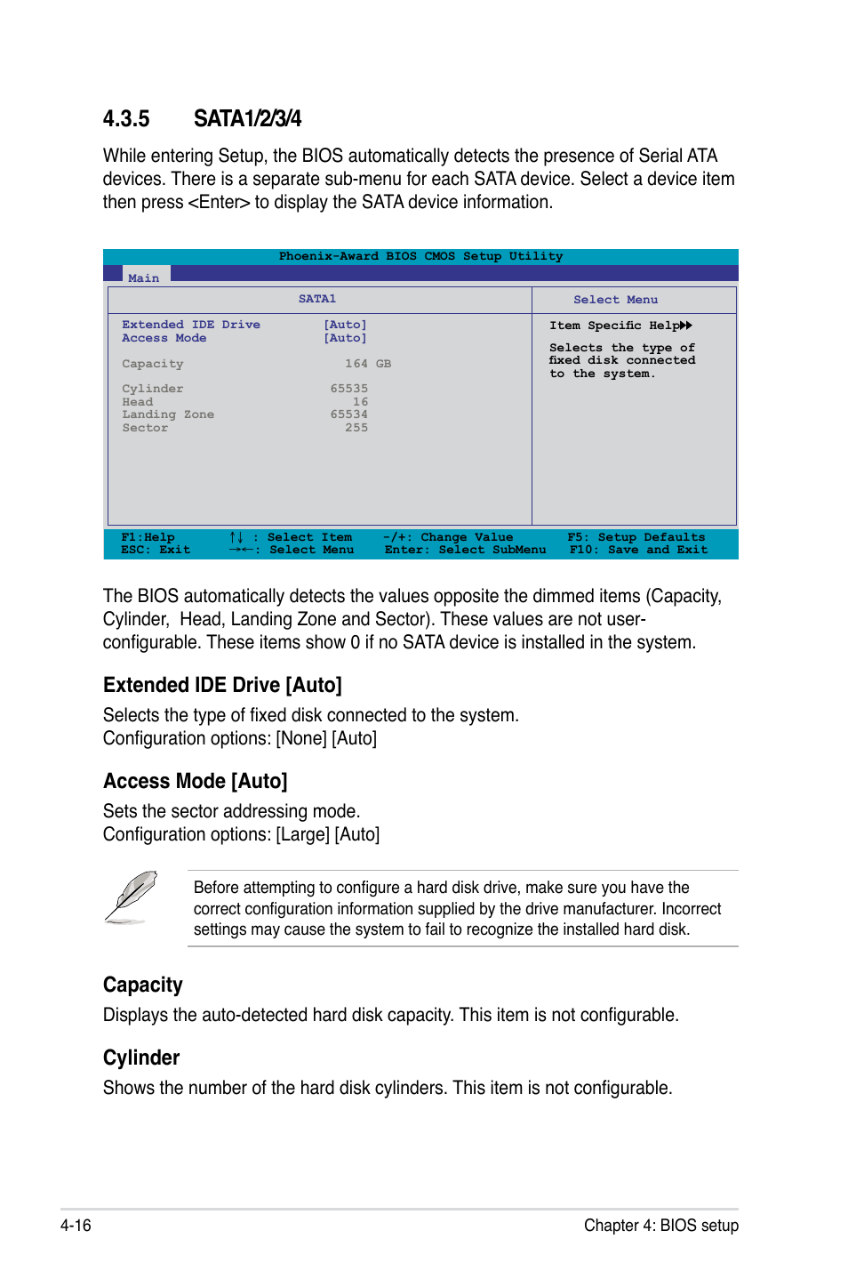 5 sata1/2/3/4, Sata1/2/3/4 -16, Extended ide drive [auto | Access mode [auto, Capacity, Cylinder | Asus M3N-H HDMI User Manual | Page 82 / 152