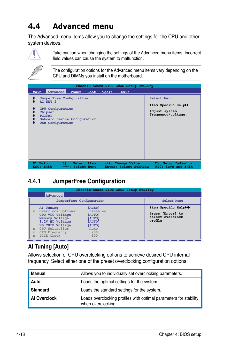 4 advanced menu, 1 jumperfree configuration, Advanced menu -18 4.4.1 | Jumperfree configuration -18, Ai tuning [auto | Asus M3N-H HDMI User Manual | Page 84 / 152