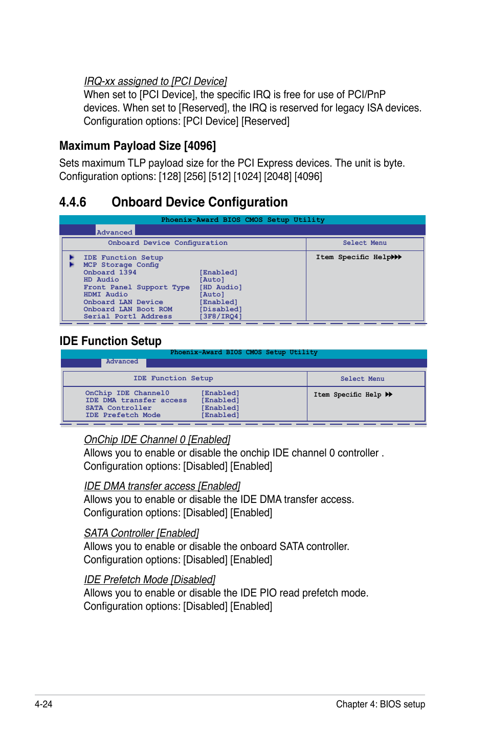 6 onboard device configuration, 6 onboard device configuration -24, Maximum payload size [4096 | Ide function setup | Asus M3N-H HDMI User Manual | Page 90 / 152