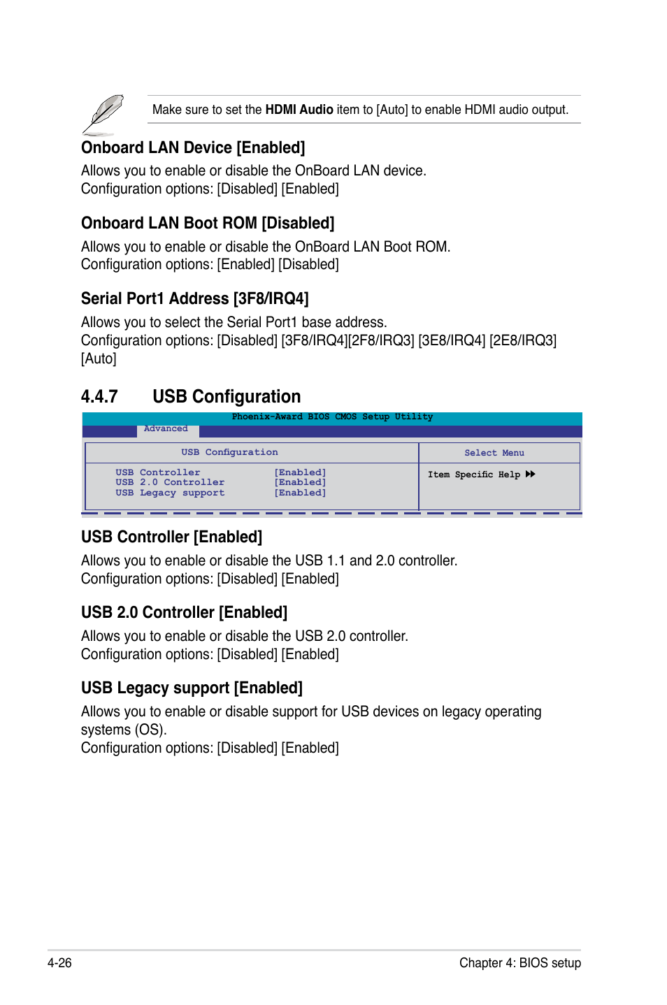 7 usb configuration, 7 usb configuration -26, Onboard lan device [enabled | Onboard lan boot rom [disabled, Serial port1 address [3f8/irq4, Usb controller [enabled, Usb 2.0 controller [enabled, Usb legacy support [enabled | Asus M3N-H HDMI User Manual | Page 92 / 152