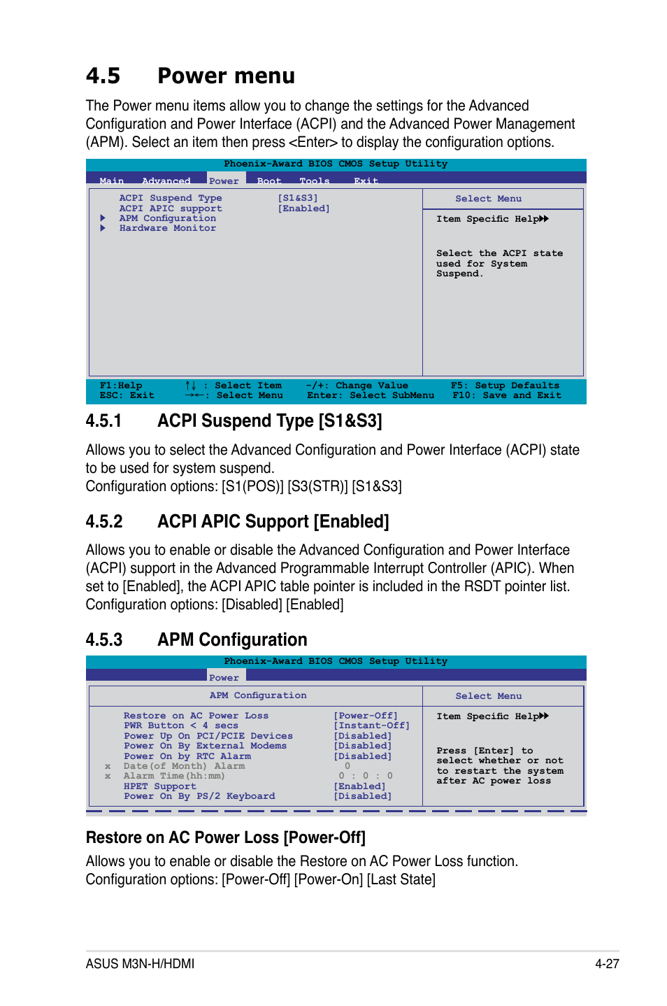 5 power menu, 1 acpi suspend type [s1&s3, 2 acpi apic support [enabled | 3 apm configuration, Power menu -27 4.5.1, Acpi suspend type -27, Acpi apic support -27, Apm configuration -27, Restore on ac power loss [power-off | Asus M3N-H HDMI User Manual | Page 93 / 152