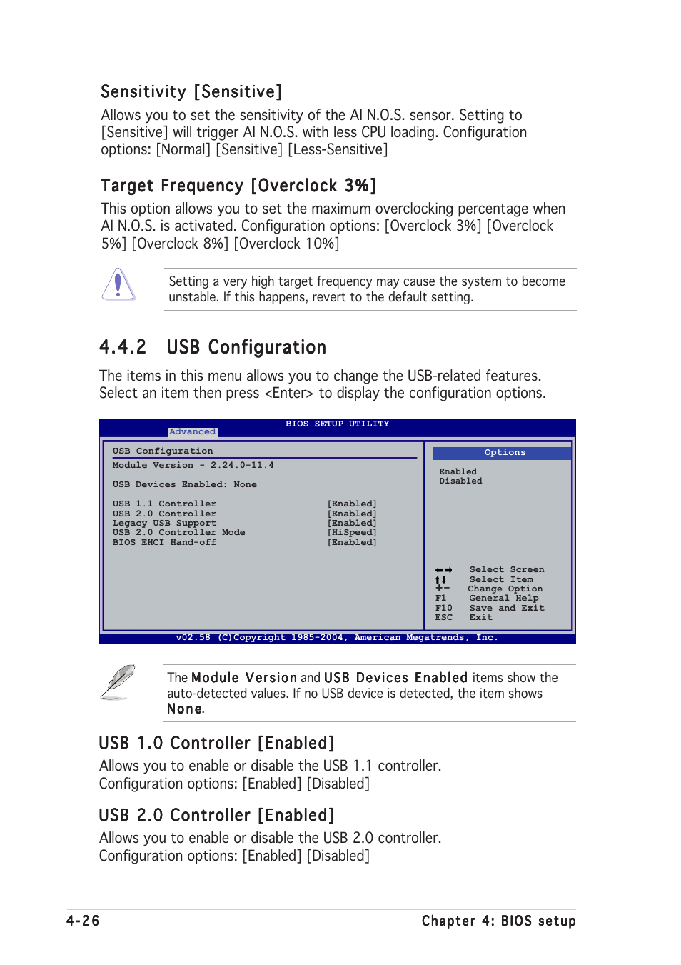 Usb 1.0 controller [enabled, Usb 2.0 controller [enabled, Sensitivity [sensitive | Target frequency [overclock 3 | Asus P5N32-SLI Deluxe User Manual | Page 100 / 178