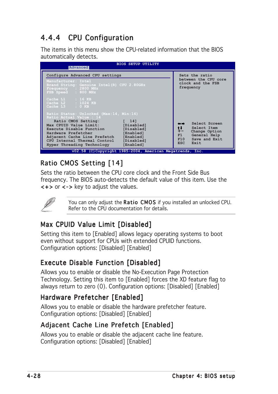 Ratio cmos setting [14, Max cpuid value limit [disabled, Execute disable function [disabled | Hardware prefetcher [enabled, Adjacent cache line prefetch [enabled | Asus P5N32-SLI Deluxe User Manual | Page 102 / 178