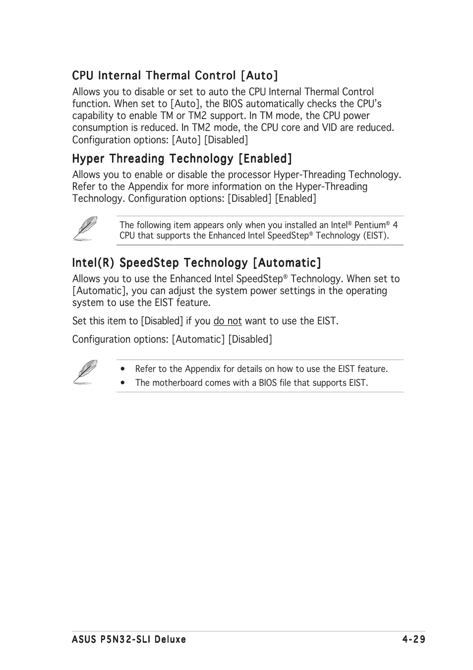 Cpu internal thermal control [auto, Hyper threading technology [enabled, Intel(r) speedstep technology [automatic | Asus P5N32-SLI Deluxe User Manual | Page 103 / 178