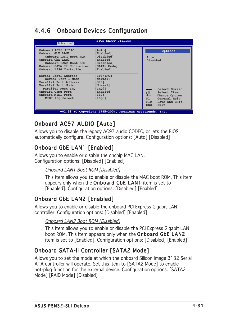 Onboard ac97 audio [auto, Onboard gbe lan1 [enabled, Onboard gbe lan2 [enabled | Onboard sata-ii controller [sata2 mode | Asus P5N32-SLI Deluxe User Manual | Page 105 / 178