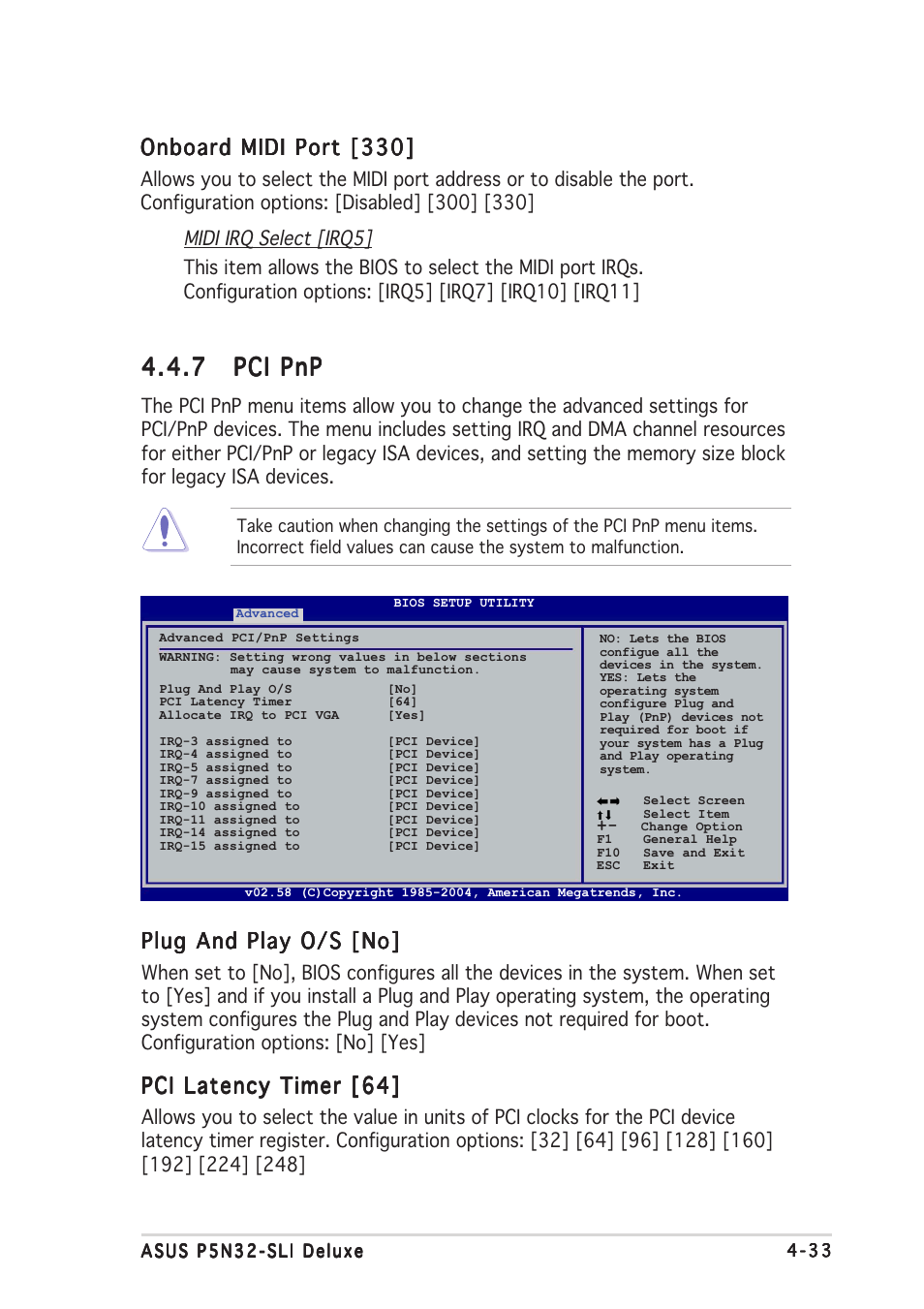 7 pci pnp pci pnp pci pnp pci pnp pci pnp, Plug and play o/s [no, Pci latency timer [64 | Onboard midi port [330 | Asus P5N32-SLI Deluxe User Manual | Page 107 / 178