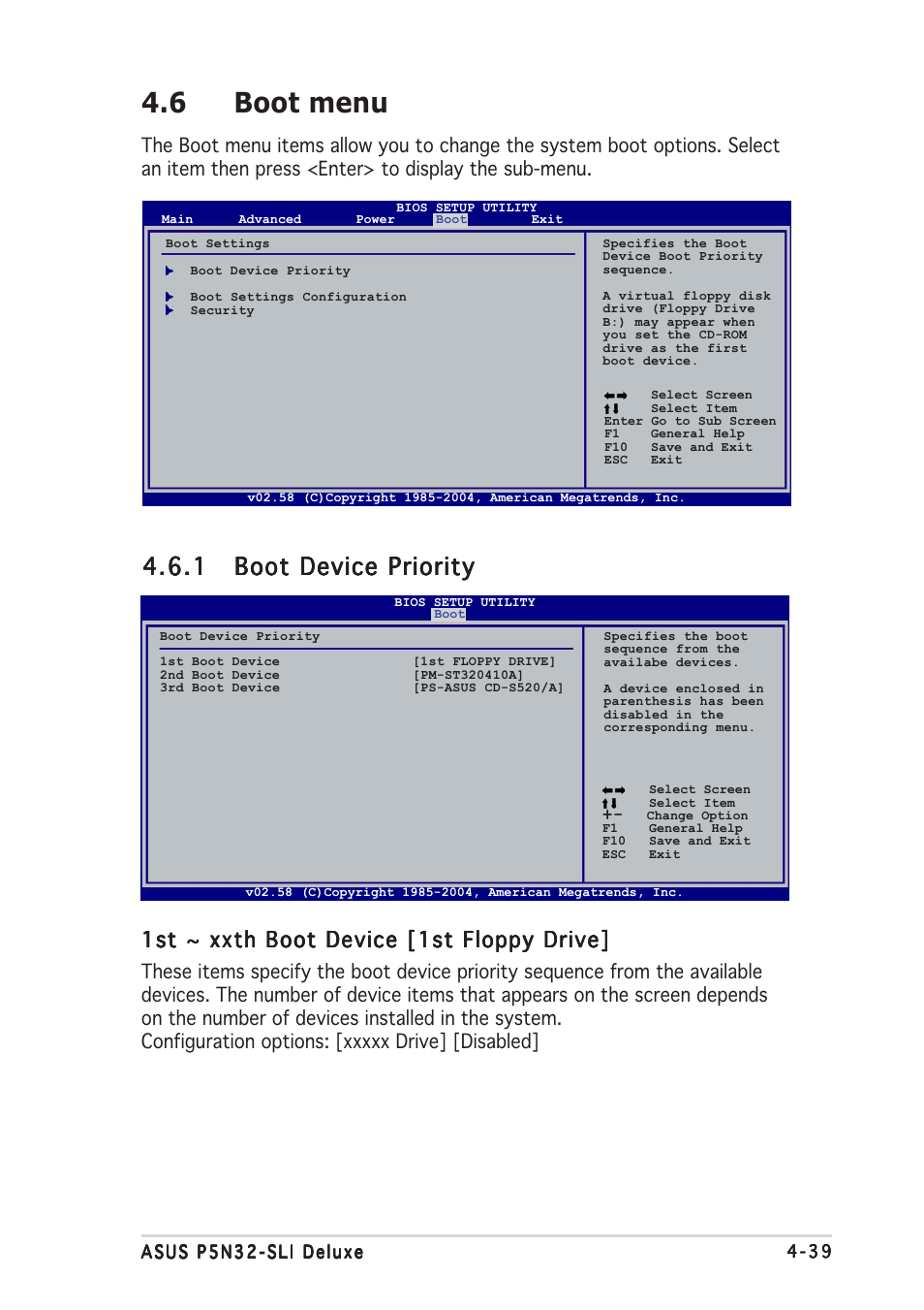 6 boot menu, 1st ~ xxth boot device [1st floppy drive | Asus P5N32-SLI Deluxe User Manual | Page 113 / 178