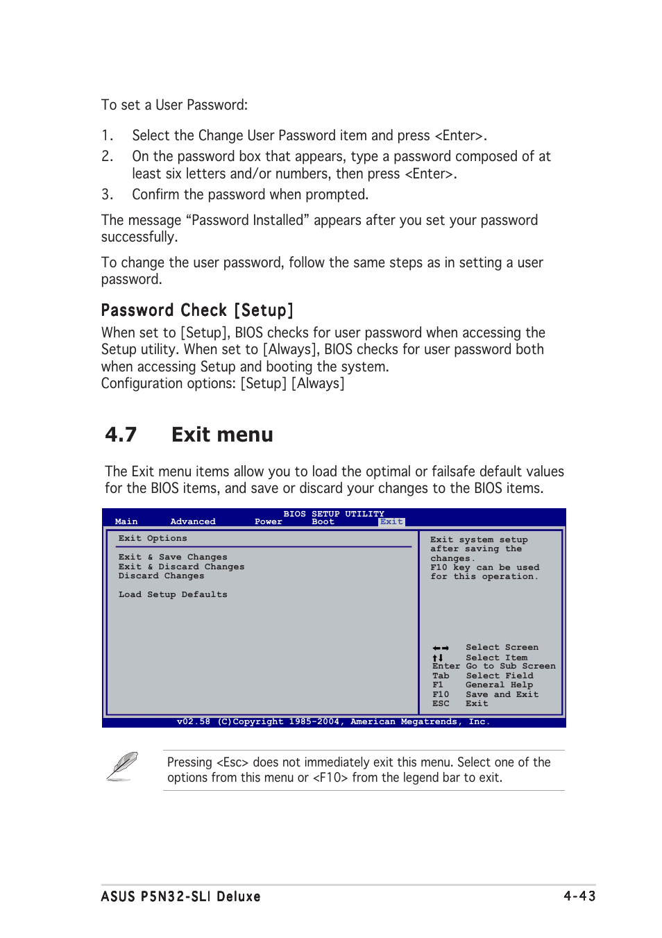 7 exit menu, Password check [setup | Asus P5N32-SLI Deluxe User Manual | Page 117 / 178