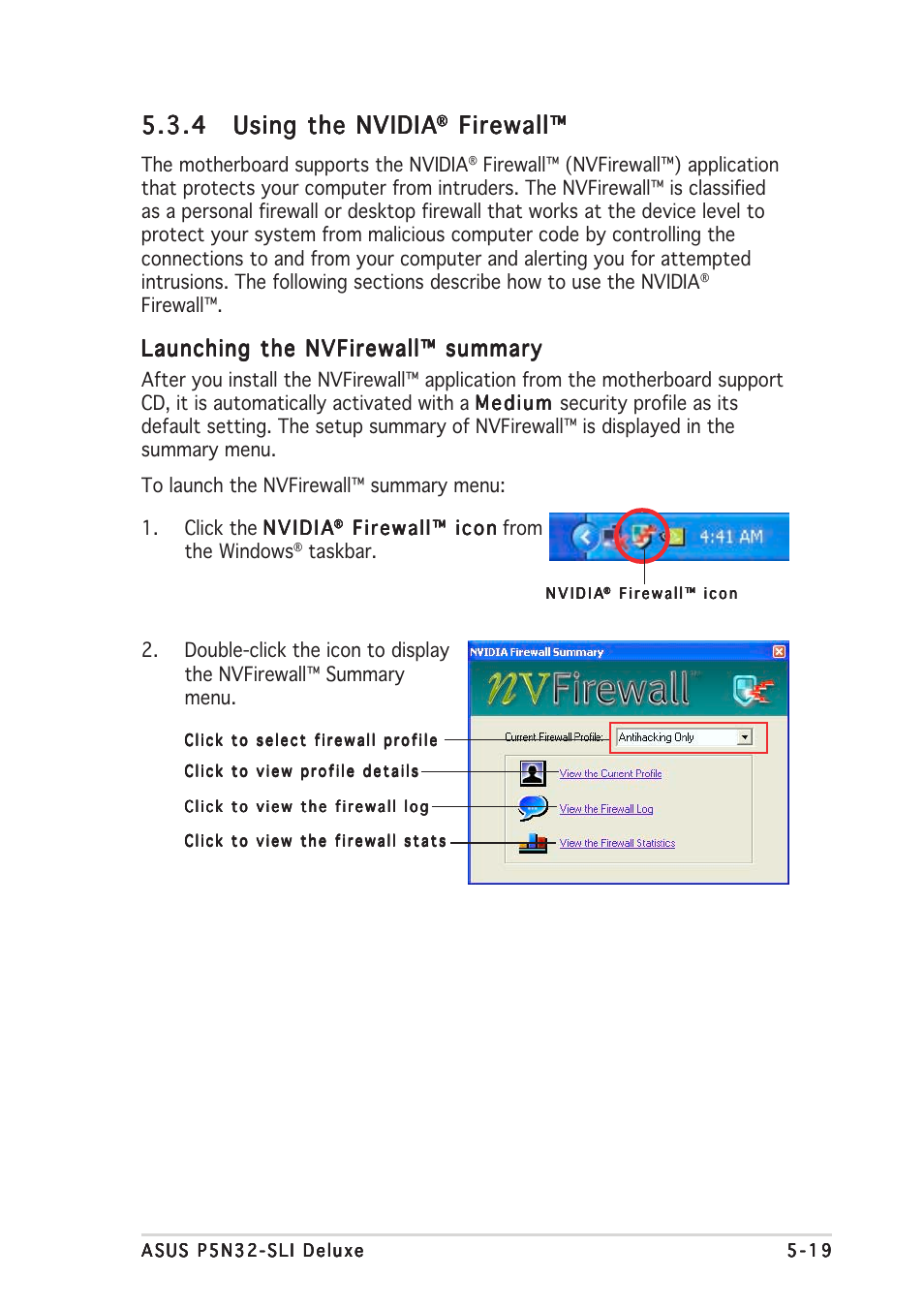 Firewall, Launching the nvfirewall™ summary | Asus P5N32-SLI Deluxe User Manual | Page 139 / 178