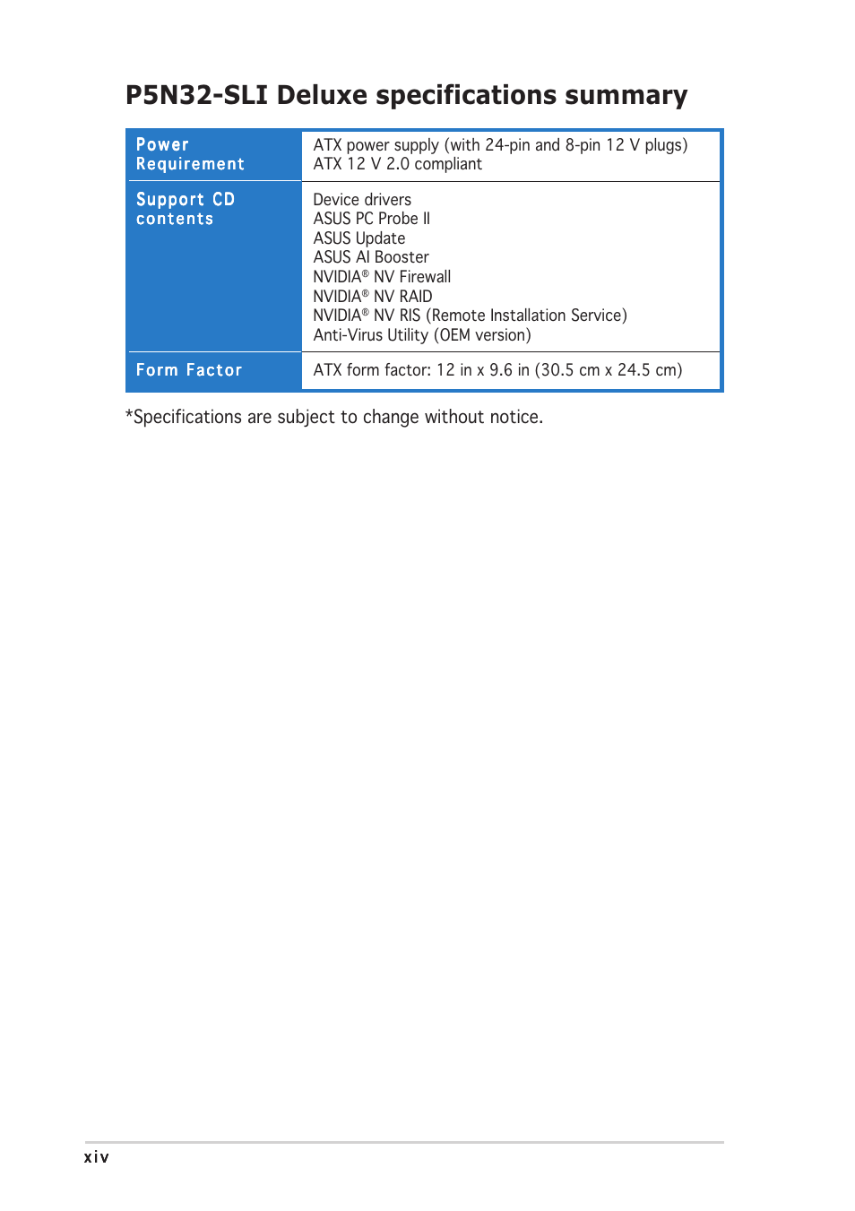 P5n32-sli deluxe specifications summary | Asus P5N32-SLI Deluxe User Manual | Page 14 / 178