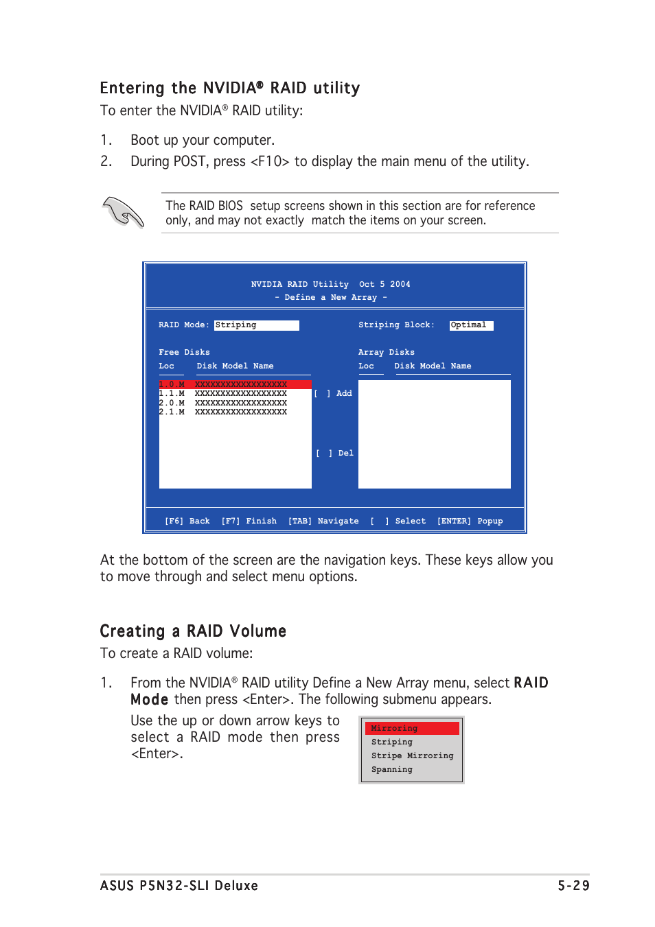 Entering the nvidia, Raid utility, Creating a raid volume | Asus P5N32-SLI Deluxe User Manual | Page 149 / 178