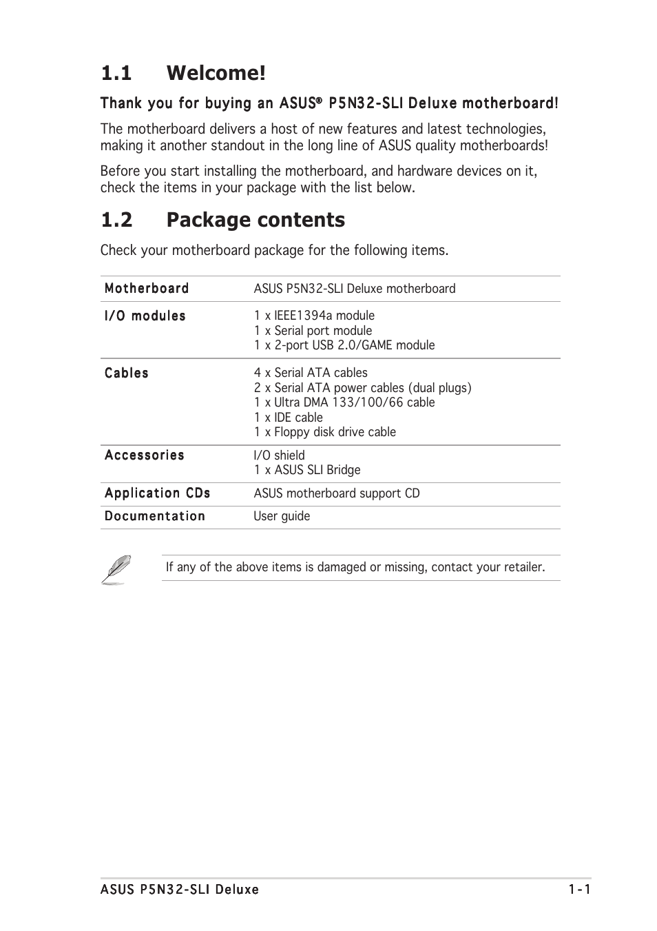 1 welcome, 2 package contents | Asus P5N32-SLI Deluxe User Manual | Page 17 / 178