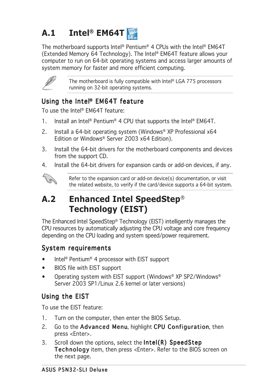 A.1 intel, Em64t, A.2 enhanced intel speedstep | Technology (eist) | Asus P5N32-SLI Deluxe User Manual | Page 175 / 178