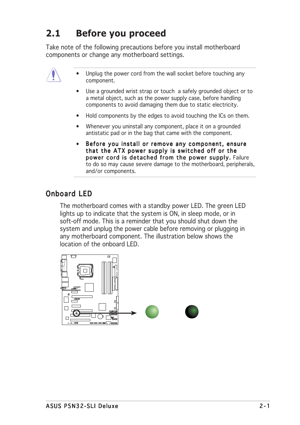 1 before you proceed, Onboard led | Asus P5N32-SLI Deluxe User Manual | Page 27 / 178