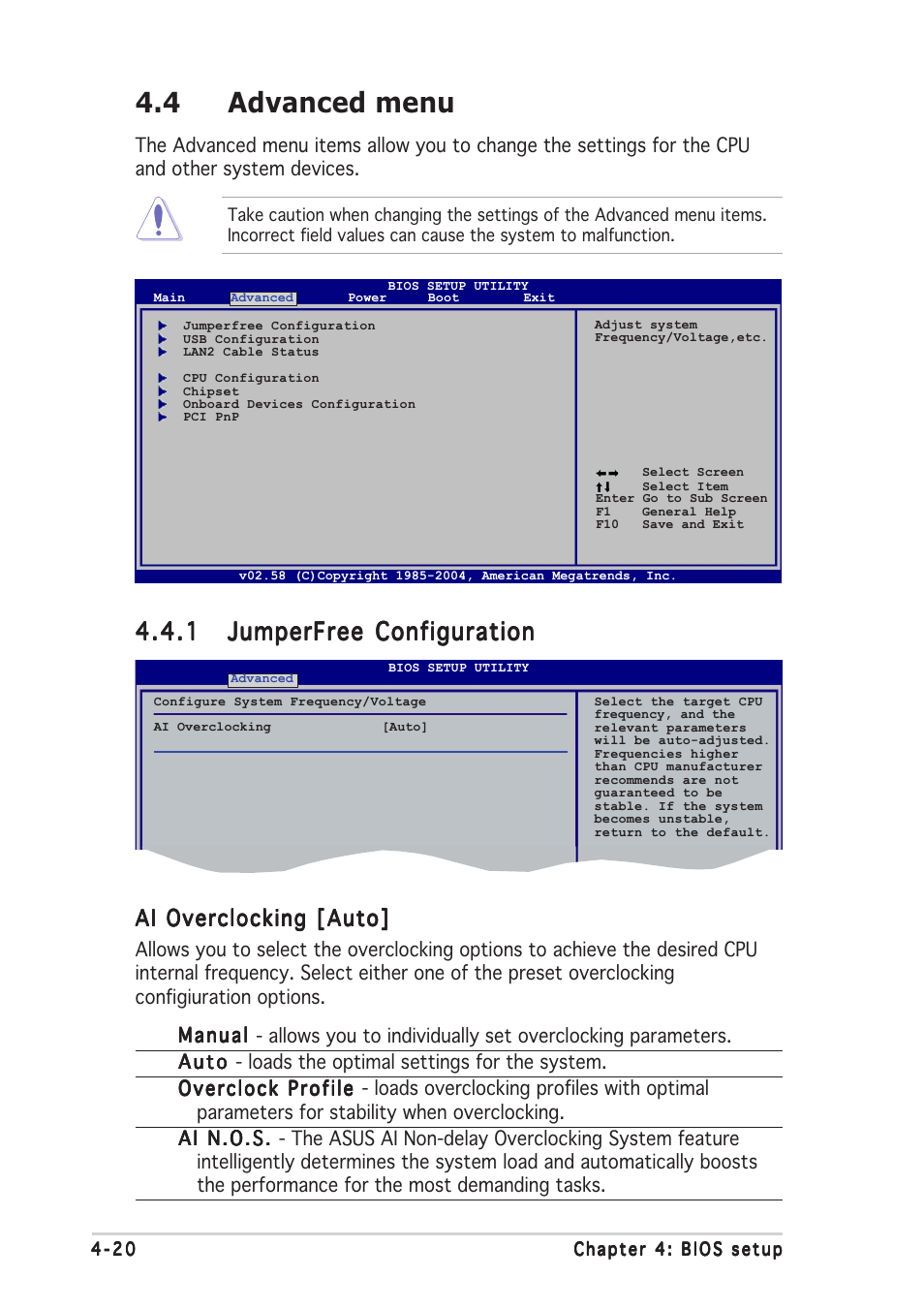 4 advanced menu, Ai overclocking [auto | Asus P5N32-SLI Deluxe User Manual | Page 94 / 178