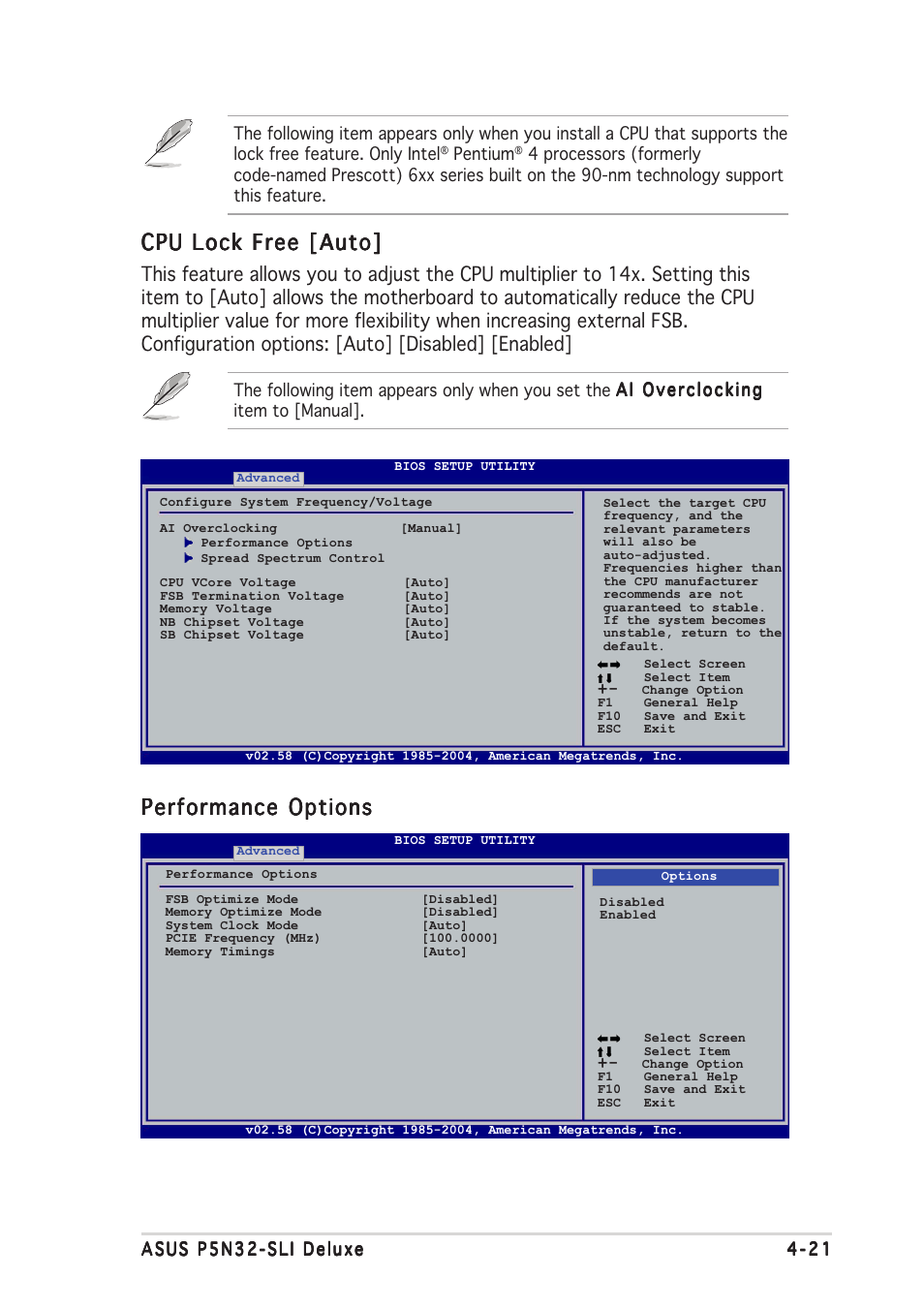 Cpu lock free [auto, Performance options | Asus P5N32-SLI Deluxe User Manual | Page 95 / 178