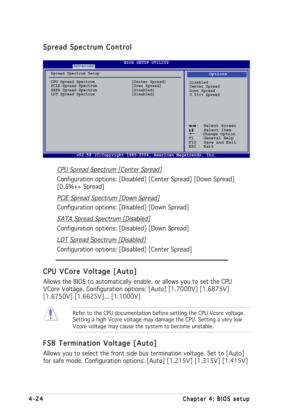 Spread spectrum control, Cpu vcore voltage [auto, Fsb termination voltage [auto | Asus P5N32-SLI Deluxe User Manual | Page 98 / 178