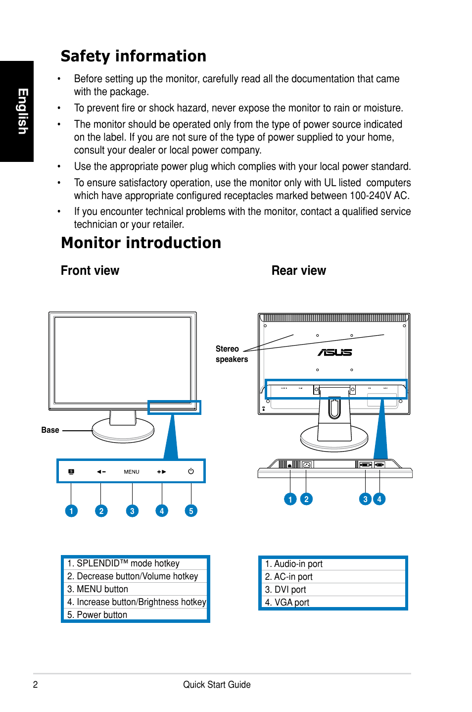 Safety information, Monitor introduction, English | Front view rear view | Asus VW202TR User Manual | Page 2 / 4